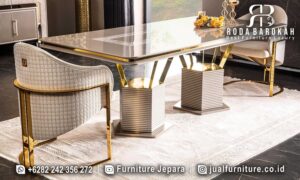 Meja Makan Kaki Stainless Mewah Creamy Gold FS-274
