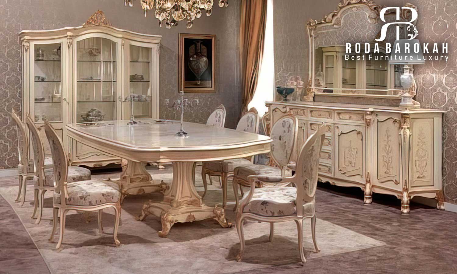 Trend Terkini Meja Ruang Makan Mewah Konstruksi Kuat FS-651 terbuat dari kayu jati dengan ukiran elegan, menambah kemewahan pada setiap momen makan Anda.