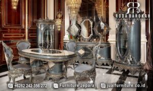 Best Seller Furniture meja makan mewah Desain Eksklusif FS-707 terbuat dari kayu jati dan kaki ukir warna emas, sempurna untuk menghadirkan kemewahan di ruang makan Anda.