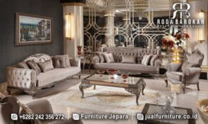 Tersedia Sekarang Jual sofa tamu mewah dengan rangka kayu jati dan kaki ukir perak, sempurna untuk ruang tamu elegan dan klasik modern.