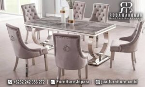 Deal Spesial Set Meja Makan Jok dengan kaki stainless steel berbentuk huruf X dan busa density tinggi, hadirkan suasana elegan di ruang makan Anda.