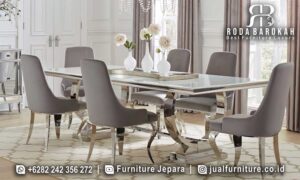 Harga Spesial Meja Makan Minimalis Modern dengan kaki X stainless steel dan busa tebal berkualitas, sempurna untuk menambah nuansa elegan di ruang makan Anda.