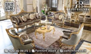 Harga Terbaik Kursi Tamu Klasik Mewah, hadir dengan rangka kayu jati dan finishing emas yang elegan, cocok untuk menambah kesan mewah di ruang tamu Anda.