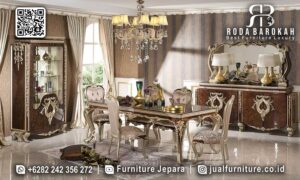 Hot Promo Set Meja Makan Mewah harga promo FS-815, terbuat dari kayu jati dengan kaki meja ukiran elegan, sempurna untuk nuansa klasik dan modern minimalis.