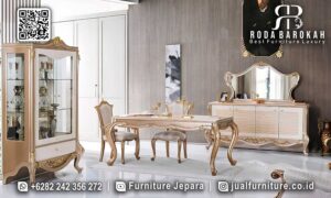 Ready Stock Set Kursi Makan Mewah dengan kayu jati finishing lac nuansa gold dan cream, menawarkan ketahanan dan elegansi untuk ruang makan Anda.