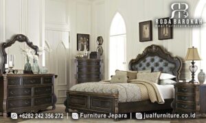 Serbu Sekarang Set Tempat Tidur Mewah harga termurah FS-785 dengan rangka kayu jati, finishing gilded brown, dan desain elegan, sempurna untuk tidur dan penyimpanan.