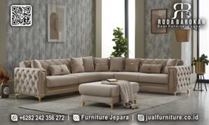 Sofa Keluarga Mewah dengan rangka kayu jati dan finishing doff gold, dilengkapi busa density tinggi dan fungsi reclining, sempurna untuk ruang elegan Anda.