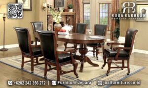 Wajib Punya Meja Makan Jati Siap Pakai FS-779, dengan kaki meja berukir dan busa jok tebal, sempurna untuk ruang makan bergaya klasik modern yang elegan.