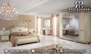 Dapatkan Tempat Tidur Mewah Region dengan kayu jati dan kain bludru elegan, dilengkapi laci penyimpanan dan meja rias, sempurna untuk kamar tidur klasik modern.