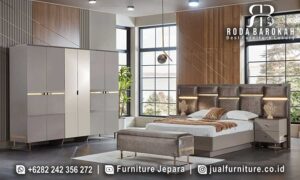 Harga Tempat Tidur Mewah Kontemporer Warna Elegan FS-896 terbuat dari kayu jati dengan finishing doff dan dilengkapi lampu LED untuk sentuhan elegan dalam desain modern minimalis.