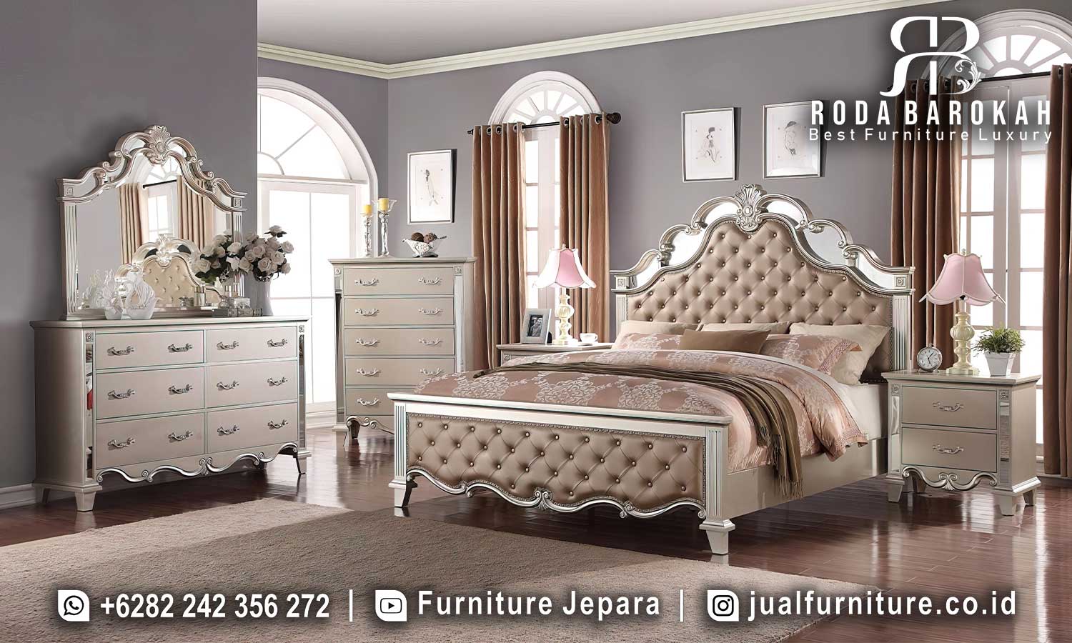 Kamar Set Mewah Kaca harga oke FS-882 hadir dengan kayu jati dan finishing gold metalik, sempurna untuk nuansa klasik elegan di ruang tidur Anda.