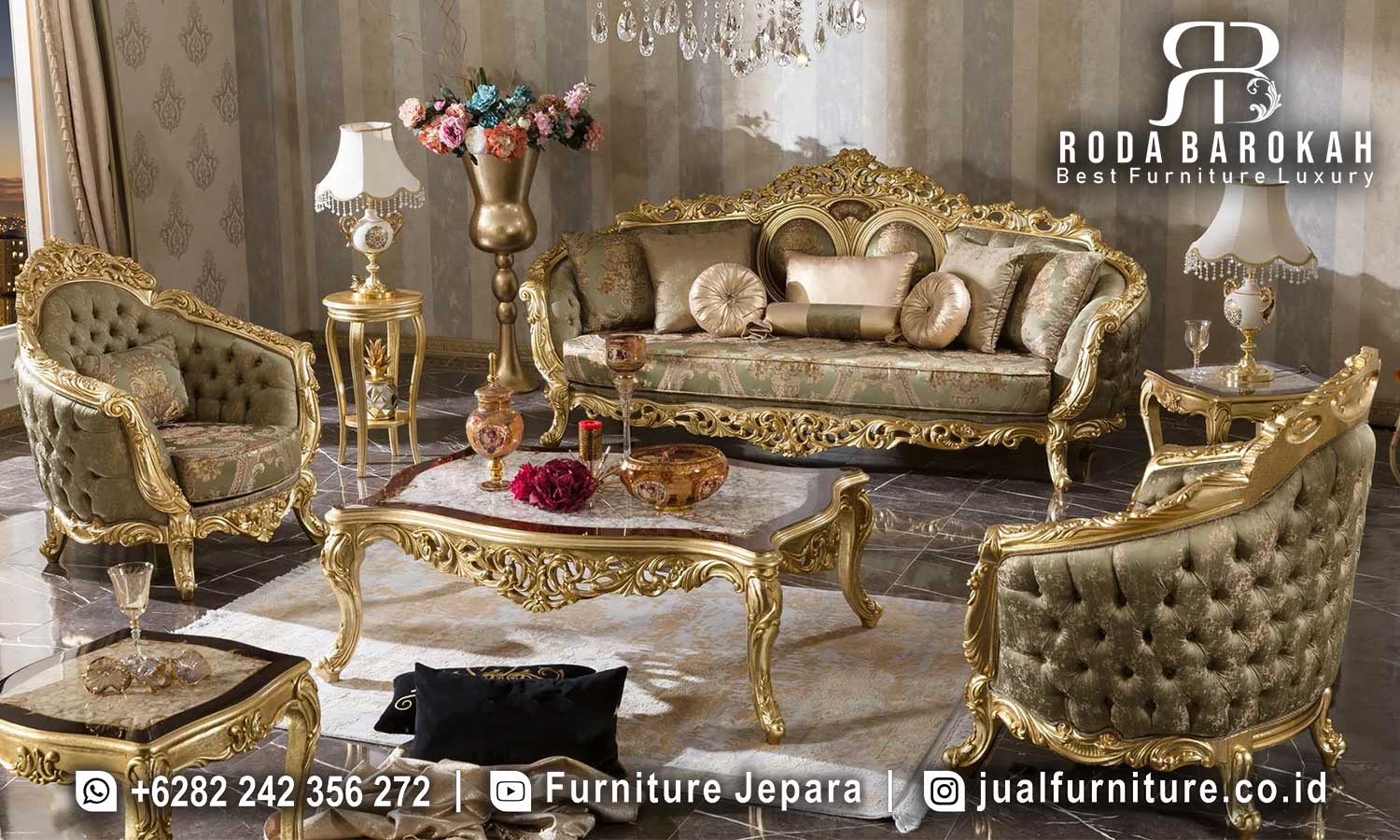 Lagi Viral Kursi Sofa Klasik Mewah Warna Elegan FS-844 dari kayu jati dengan finishing emas dan pelapis velvet siap mempercantik ruang tamu Anda dengan nuansa mewah.