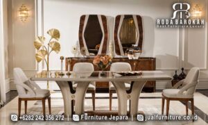 Jual Meja Makan Mewah dengan permukaan marmer, kaki unik dari besi hollow, dan finishing cat duco, sempurna untuk nuansa elegan di rumah Anda.