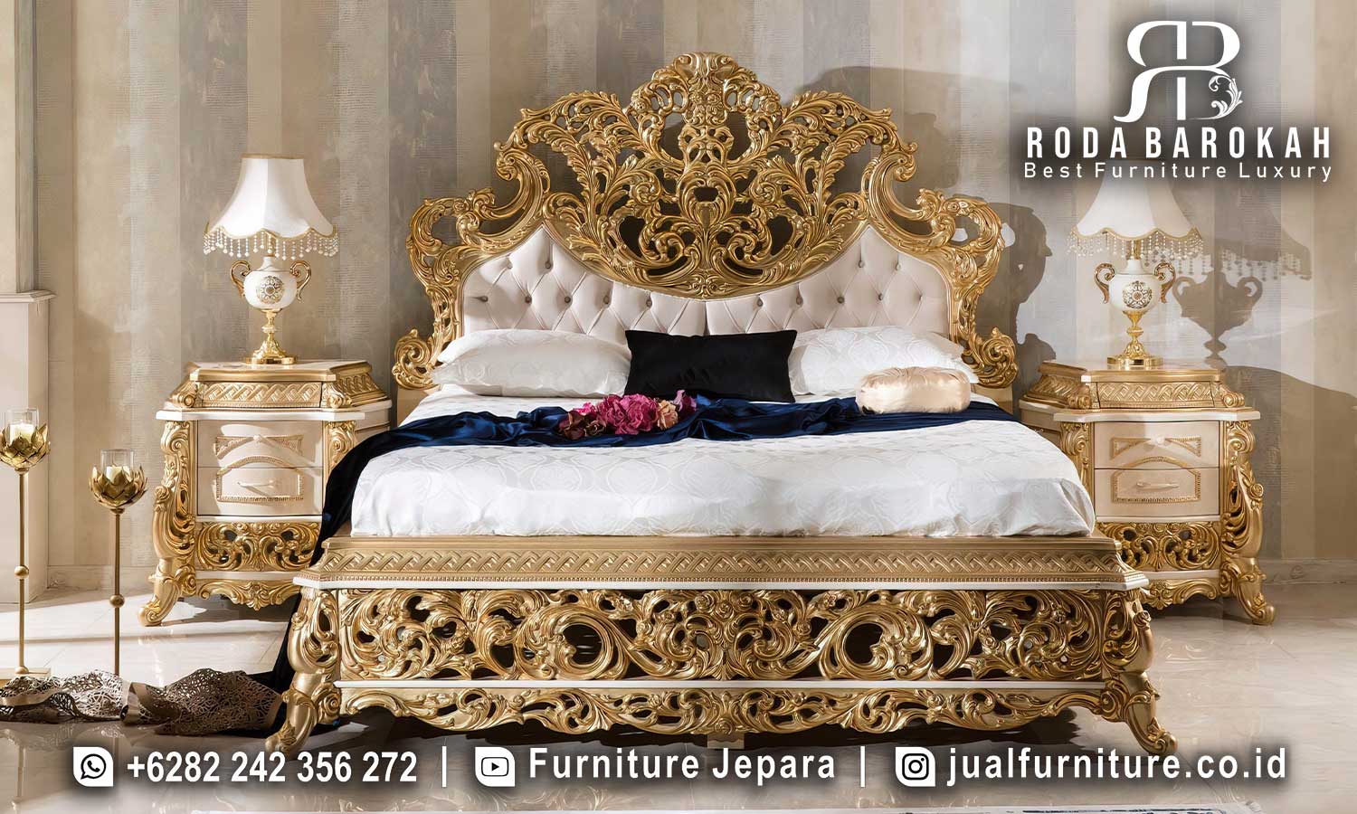 Populer Tempat Tidur Gold Mewah Anti Jamur FS-871 hadir dengan rangka kayu jati dan finishing gold leaf yang elegan, sempurna untuk memberikan sentuhan klasik Eropa di kamar Anda.