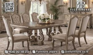 Rekomendasi Spesial Set Meja Makan Jati Stok Terbatas FS-825, hadir dengan kaki ukiran mewah dan busa tebal, ideal untuk nuansa elegan di rumah Anda.
