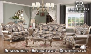 Spesial Kursi Tamu Mewah Bahan Terbaik FS-868 hadir dengan rangka kayu jati dan kain bludru, sempurna untuk menambah nuansa klasik modern di rumah Anda.