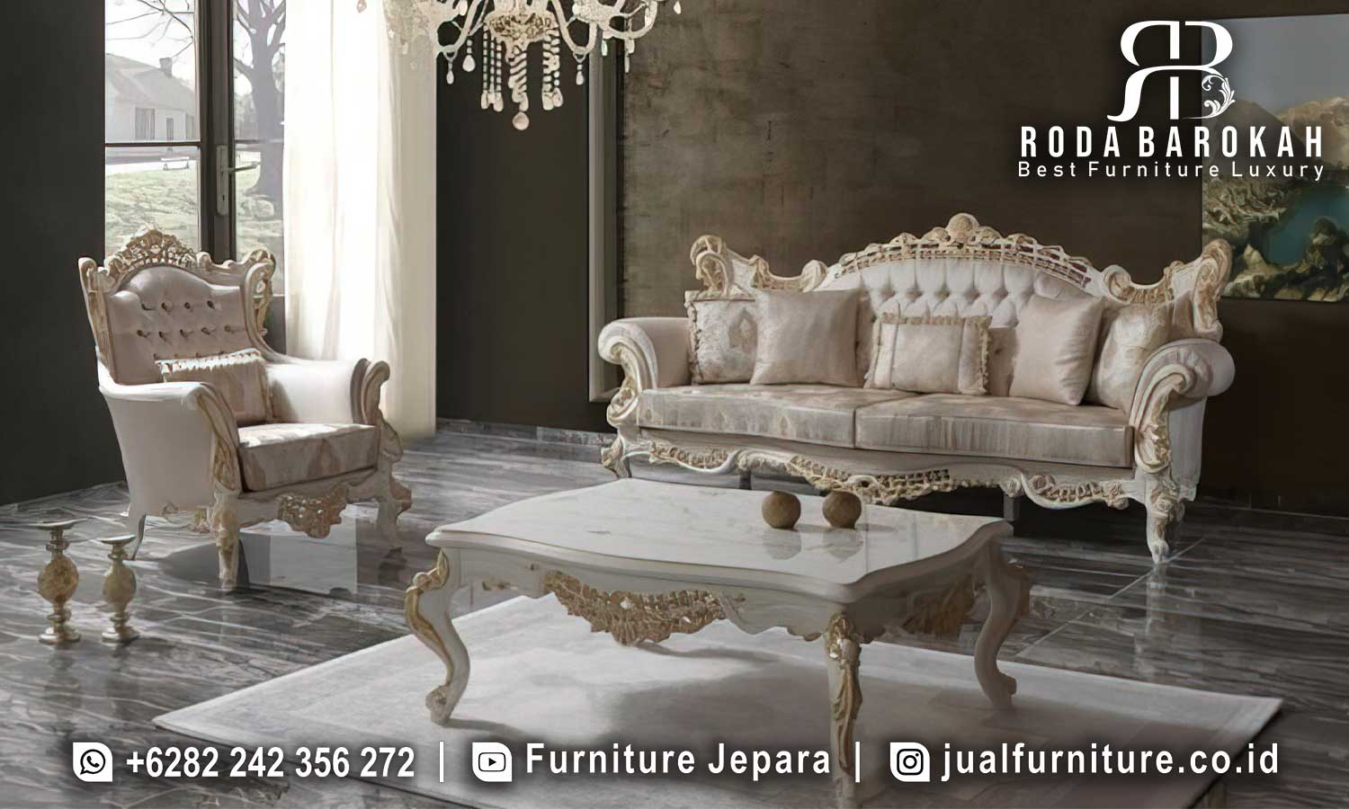 Super Promo Sofa Mewah Ruang Tamu ukuran ideal FS-856 dengan kayu jati finishing duco putih emas, menghadirkan kemewahan dan kenyamanan untuk ruang ta...