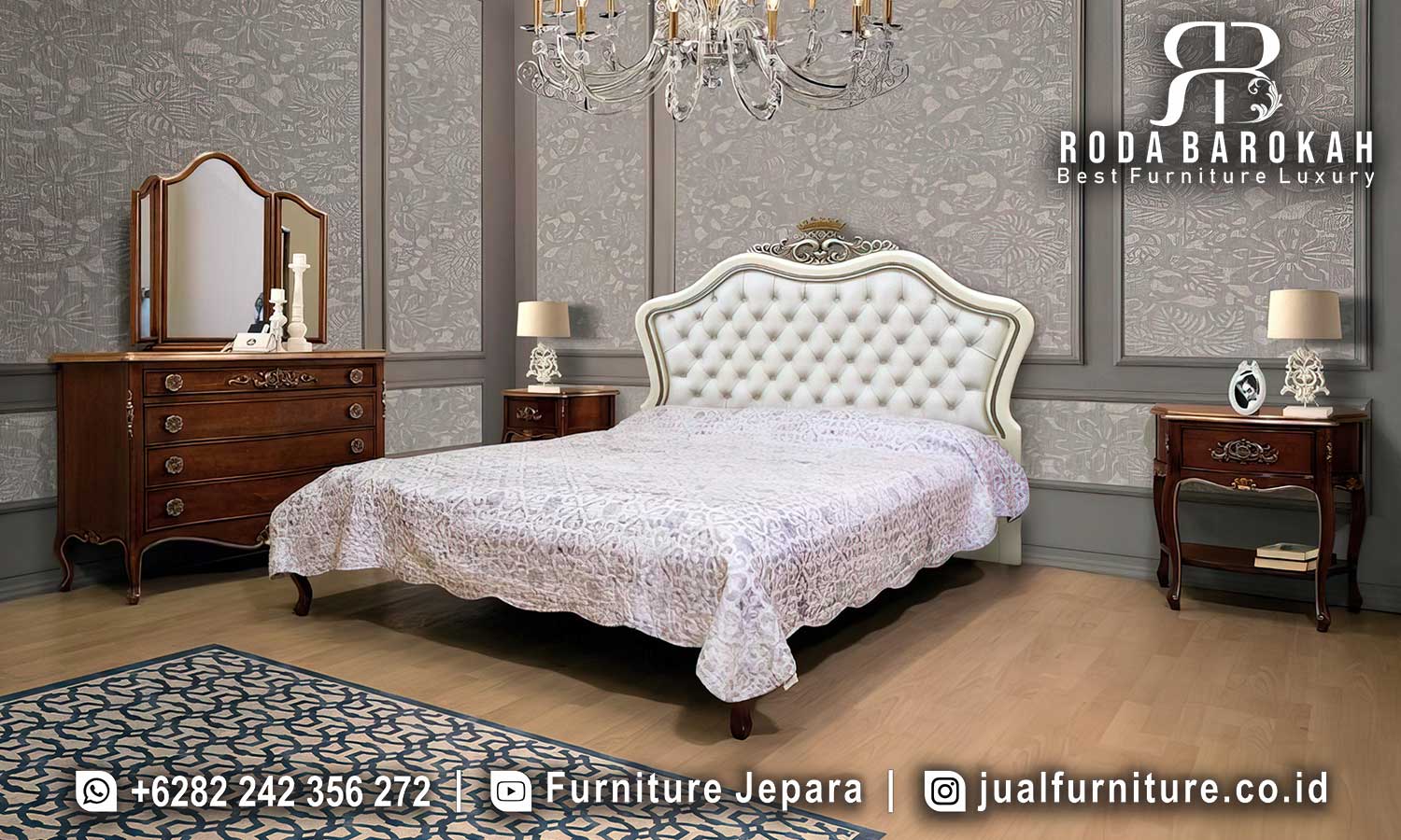 Terjamin Tempat Tidur Jati Natural Kayu Asli FS-869, dengan desain Barok mewah dan sandaran kepala berpola, sempurna untuk meningkatkan estetika kamar tidur Anda.