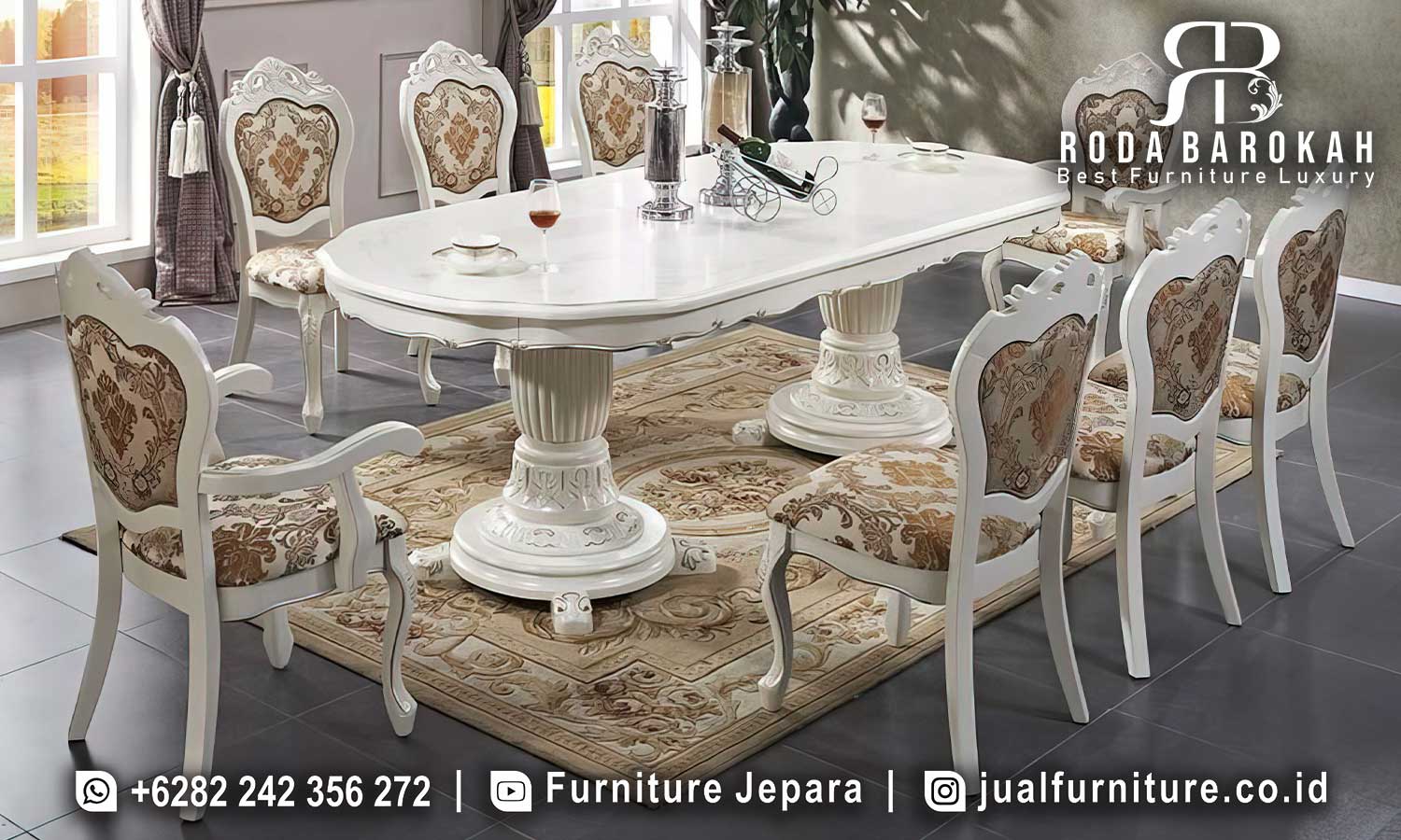 Top Seller Jual Meja Makan Klasik Mewah menghadirkan desain oval dengan kayu jati cat duco putih dan dudukan empuk, ideal untuk 6 orang di rumah Anda.