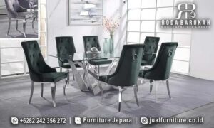 Diskon Meja Makan Stainless Mewah dengan kaki besi hollow dan finishing doff chrome, sempurna untuk melengkapi ruang modern minimalis Anda.