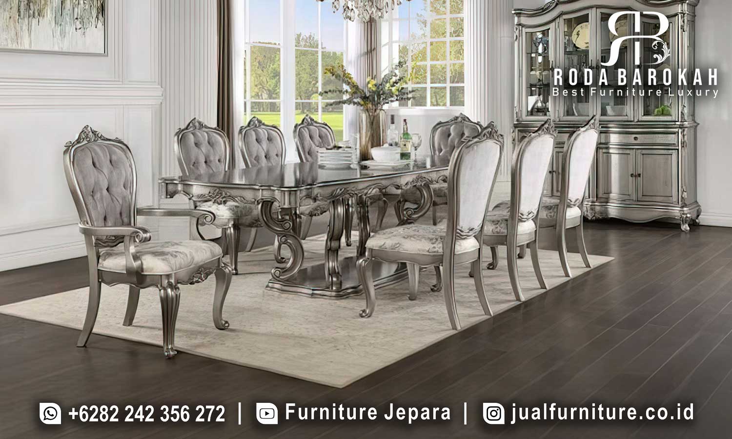 Jual Meja Makan Mewah Royale Craftsmanship Jepara FS-931, dengan desain barok elegan, rangka besi hollow, dan finishing silver cat duco, sempurna untuk makan formal.