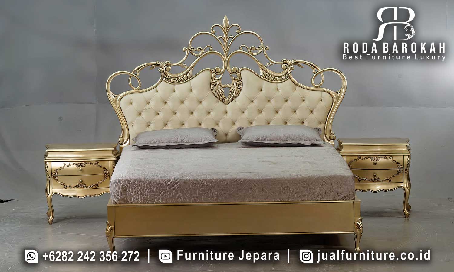 Kamar Tempat Tidur Mewah Tudor Bernuansa Elegan FS-940, hadir dengan desain ukiran klasik barok, rangka besi hollow, dan finishing cat emas mengkilap.