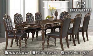 Klasik Meja Makan Milano Mewah dengan rangka kayu jati dan busa tebal, sempurna untuk gaya modern elegan di rumah Anda.