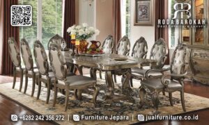 Meja Makan Mewah Bellezza Desain Prestisius FS-929, dengan rangka besi hollow dan finishing cat duco, sempurna untuk suasana makan formal yang elegan dan mewah.