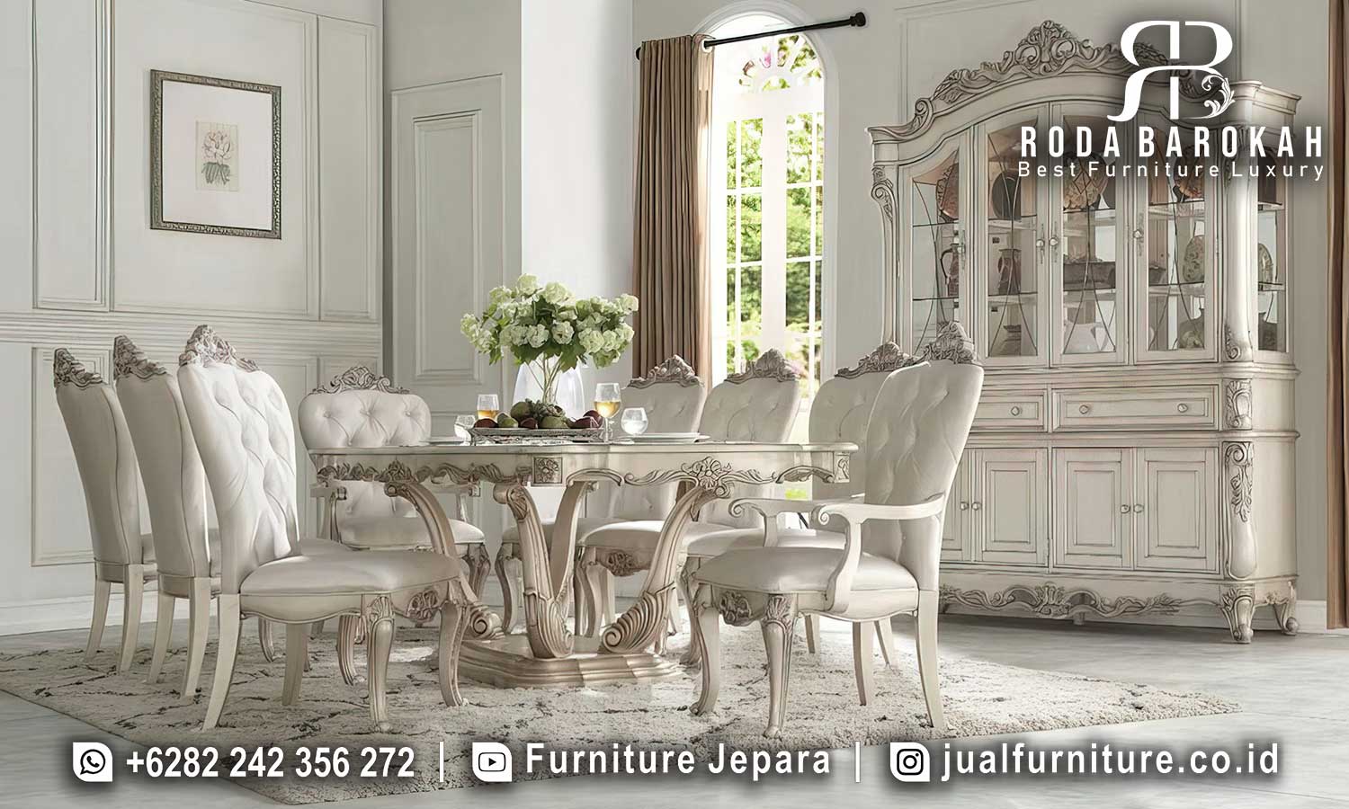 Meja Makan Mewah Klasik Amalfi Tampilan Klasik FS-932 hadir dengan kayu jati dan ukiran klasik elegan, sempurna untuk suasana makan formal yang memukau.