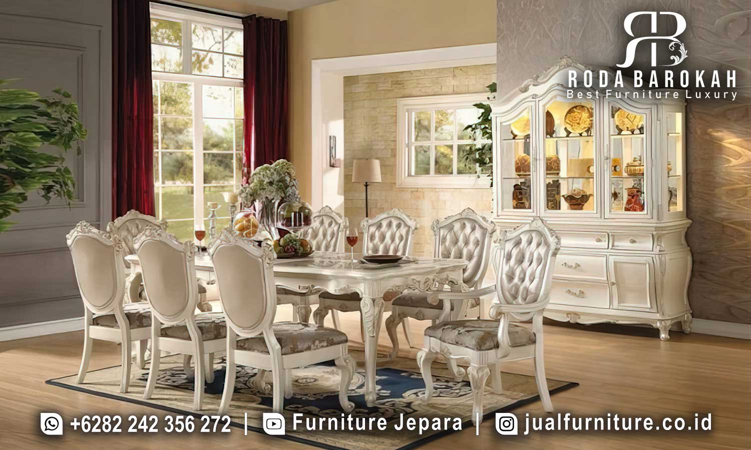 Set Meja Makan Mewah Jati Positano Anti Jamur FS-943 terdiri dari 1 meja dan 6 kursi dengan rangka kayu jati ukiran elegan dan busa jok tebal