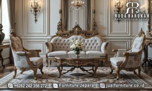 Sofa Tamu Klasik Mewah Bellezza Karya Jepara FS-934, dengan rangka kayu jati dan finishing gold doff, hadirkan pesona elegan dan kenyamanan tiada tara.
