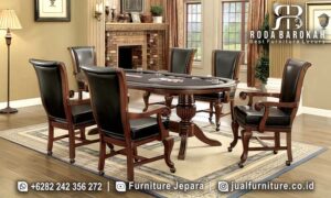 Terbaru Meja Makan Jati Valenza hadir dengan desain klasik elegan, dilengkapi kayu jati finishing doff dan dudukan empuk kulit sintetis untuk pengalaman makan istimewa.