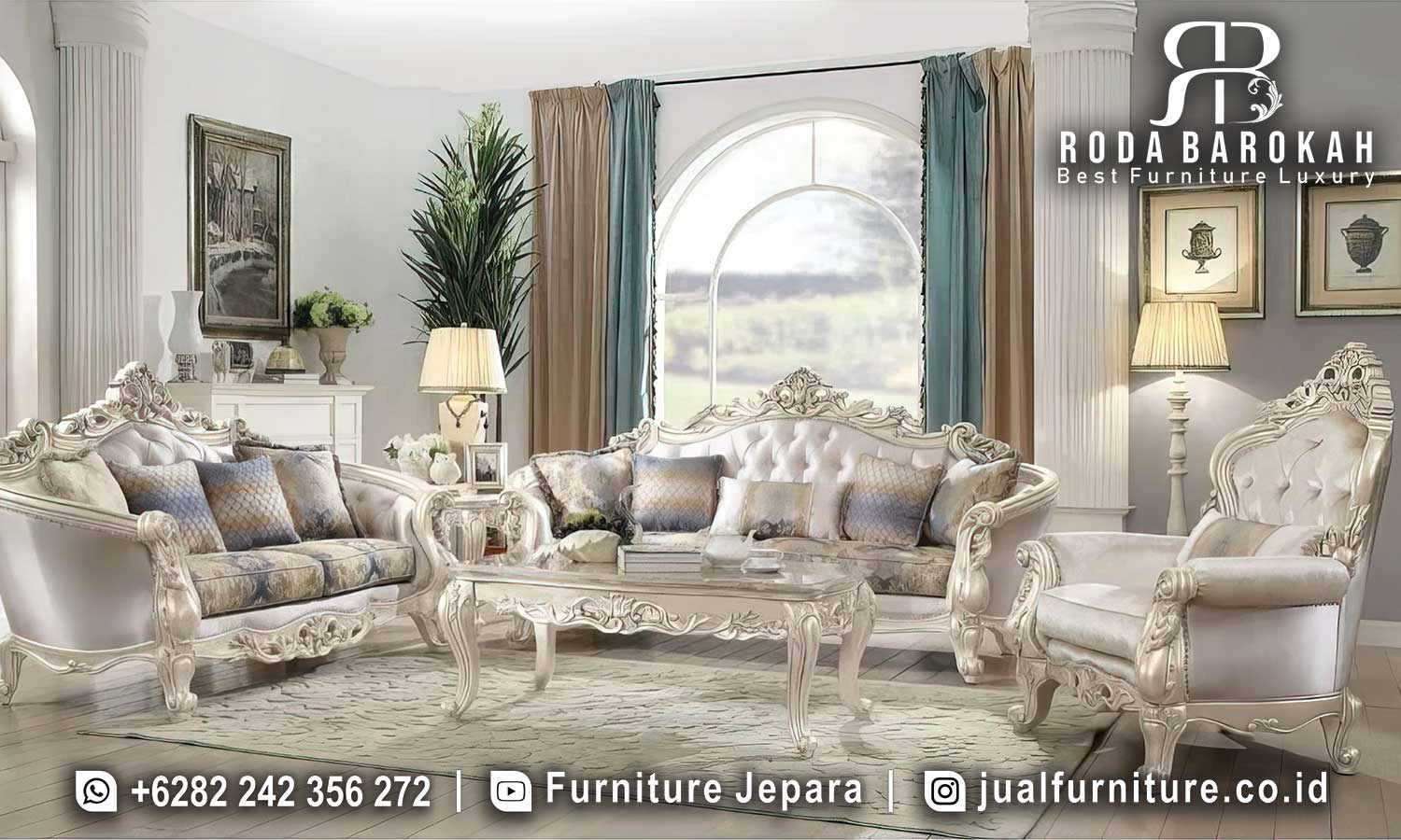 Terjamin Jual Sofa Mewah Terbaru dengan ukiran elegan dan rangka kayu jati finishing doff, sempurna untuk ruang tamu bergaya klasik modern Anda.