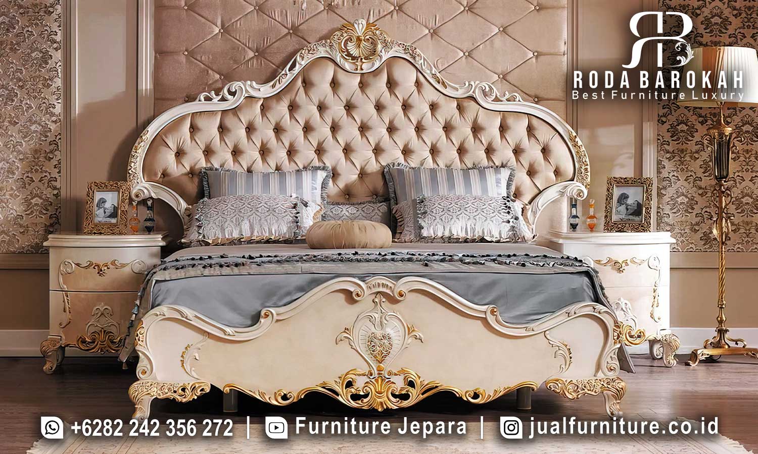 Desain Tempat Tidur Mewah Ferrara Stabil Kokoh FS-951 hadir dengan rangka kayu jati lukisan emas dan padded headboard, menjadikan kamar tidur Anda elegan