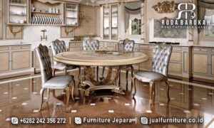 Jual Meja Makan Mewah Bundar dengan desain elegan dan kaki besi hollow gold plating, sempurna untuk menambah kesan mewah di ruang makan Anda.