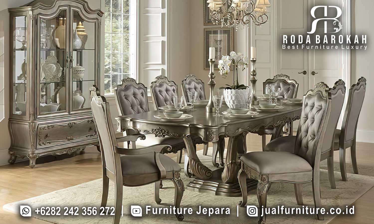 Jual Meja Makan Mewah Ravenna Kesan Klasik FS1074 dengan kaki ukiran kayu jati dan pelapis kain bludru elegan, sempurna untuk menambah keindahan.