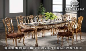 Jual Meja Makan Mewah Villa Material Terbaik FS-954 dengan rangka besi hollow dan finishing lapisan emas, sempurna untuk menambah kemewahan ruang makan Anda.