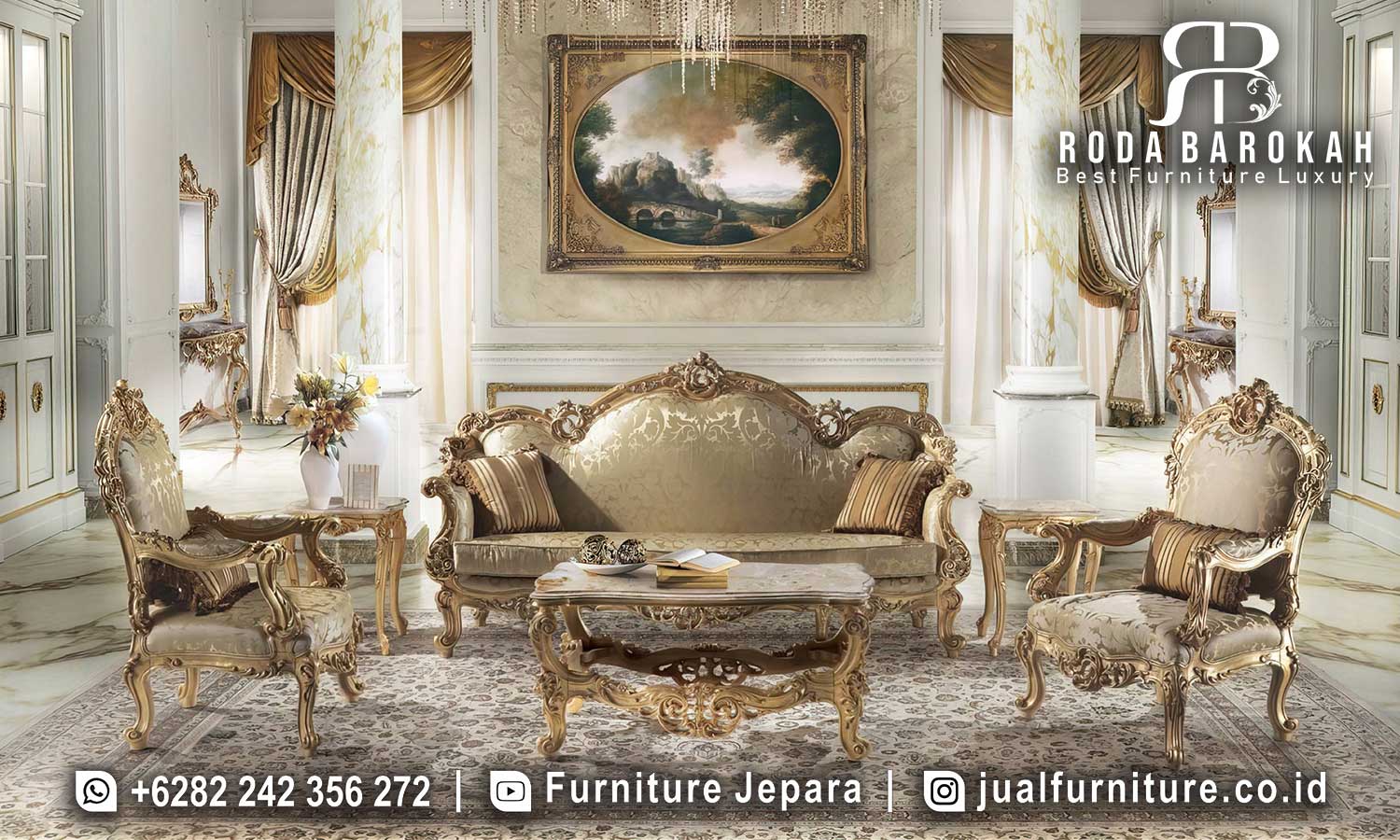 Jual Sofa Ruang Tamu Mewah Ravenna Sentuhan Klasik FS1104 dari kayu jati dengan gold plating dan busa tebal, sempurna untuk dekorasi klasik Eropa yang elegan.