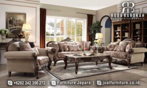 Jual Sofa Tamu Mewah Klasik dengan rangka kayu jati dan busa high density, sempurna untuk menambah nuansa elegan di ruang tamu Anda.