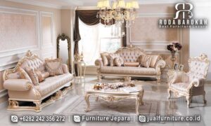 Jual Sofa Tamu Mewah Palazzo Tampilan Klasik FS-984 dengan kayu jati dan ukiran elegan, sempurna untuk ruang tamu bergaya klasik modern Anda.