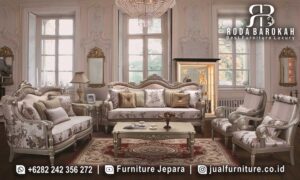 Jual Sofa Tamu Mewah Venesia Sentuhan Antik FS-960, dengan rangka kayu jati dan finishing doff gold, sempurna untuk memberi nuansa klasik elegan di ruang tamu Anda.
