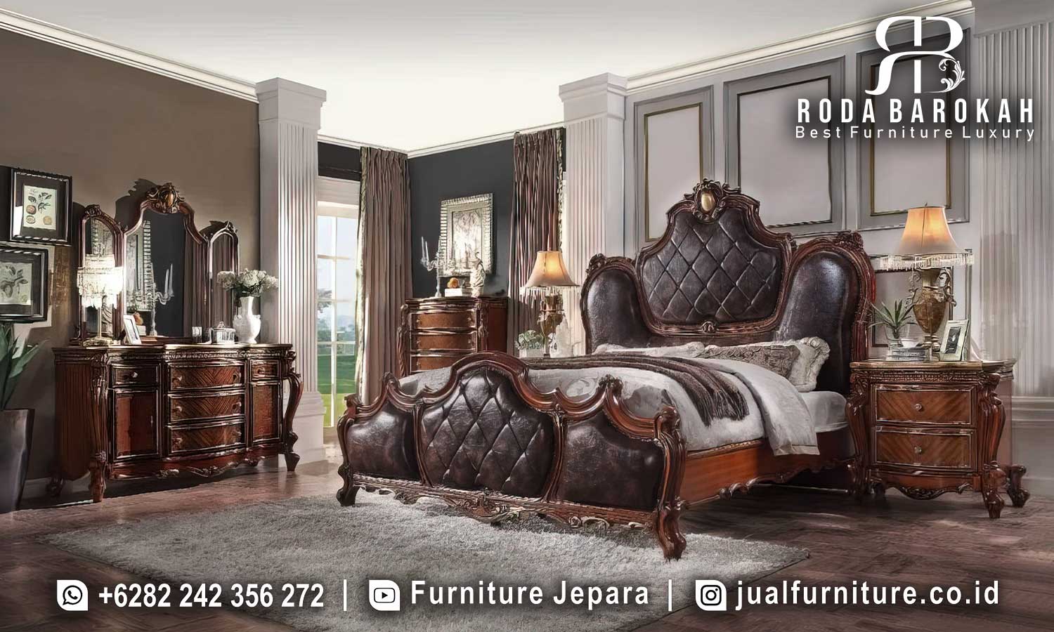 Jual Tempat Tidur Natural Jati Andalusia Detail Ornamen FS1096 dengan ukiran klasik, busa density, dan kain bludru elegan menambahkan kemewahan ke setiap ruang tidur Anda.