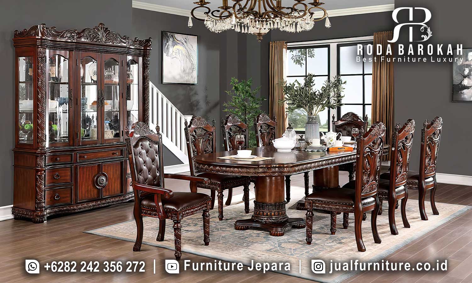 Meja Makan Jepara Jati Bourbon Kesan Elegan FS1001, terbuat dari kayu jati dengan finishing Holz, menghadirkan nuansa klasik Eropa yang elegan dan tahan lama.