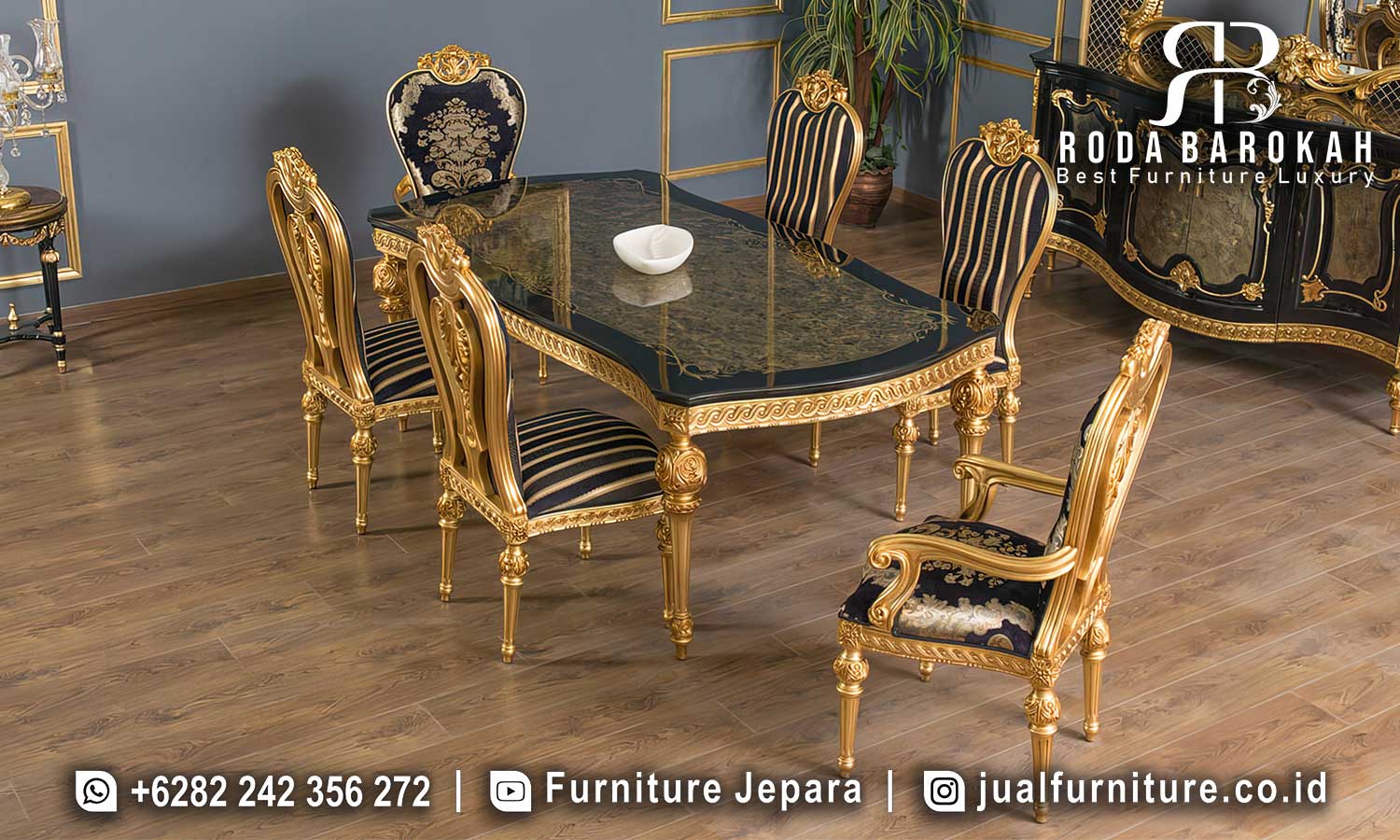 Meja Makan Mewah Gold Venesia Produk Bergaransi FS-977 dengan kaki berukir dan gold plating menambah sentuhan elegan di ruang makan Anda.