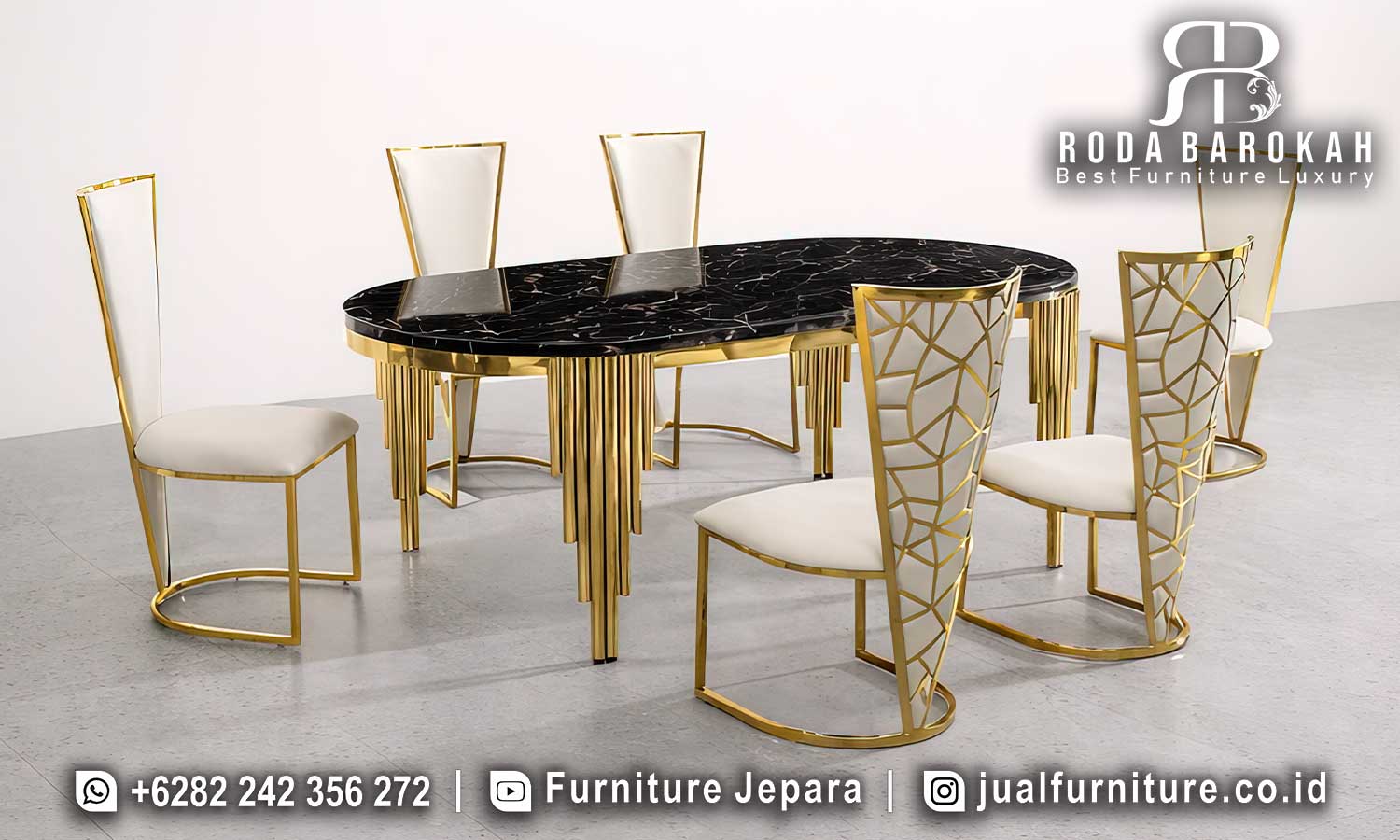 Meja Makan Mewah Stainless Imperiale Bernuansa Klasik FS-967 hadir dengan kaki tabung emas dan kain bludru putih, sempurna untuk nuansa elegan di rumah.
