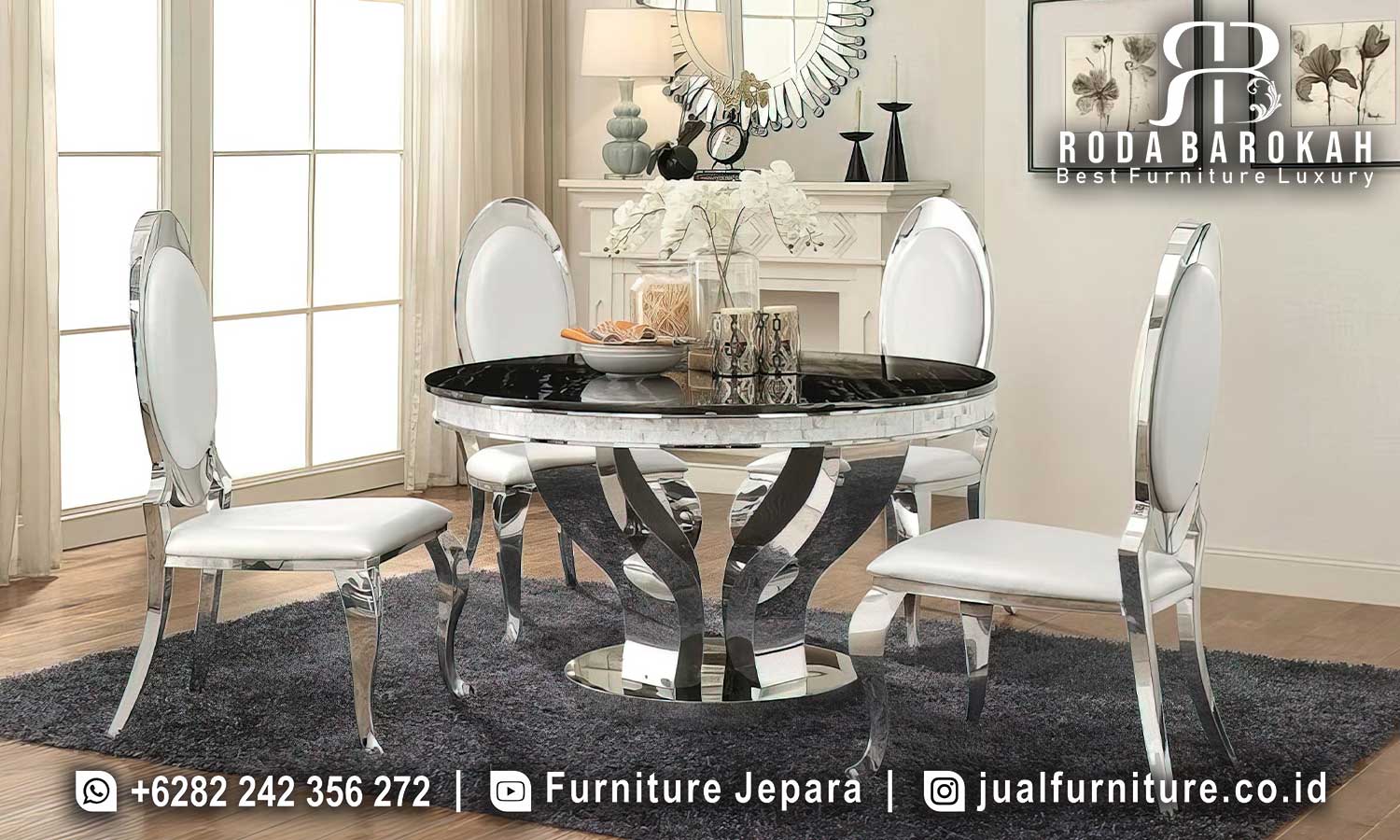 Meja Makan Stainless Bundar Royale dengan kaki meja berliku-liku dan kain bludru elegan, sempurna untuk menciptakan nuansa modern minimalis di ruang makan Anda.