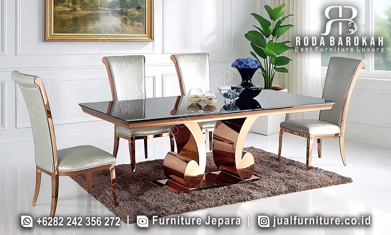 Meja Makan Stainless Rupa Rupa Versailles Produk Bergaransi FS-991, elegan dengan kaki besi melengkung dan kursi empuk, siap menambah kesan modern minimalis