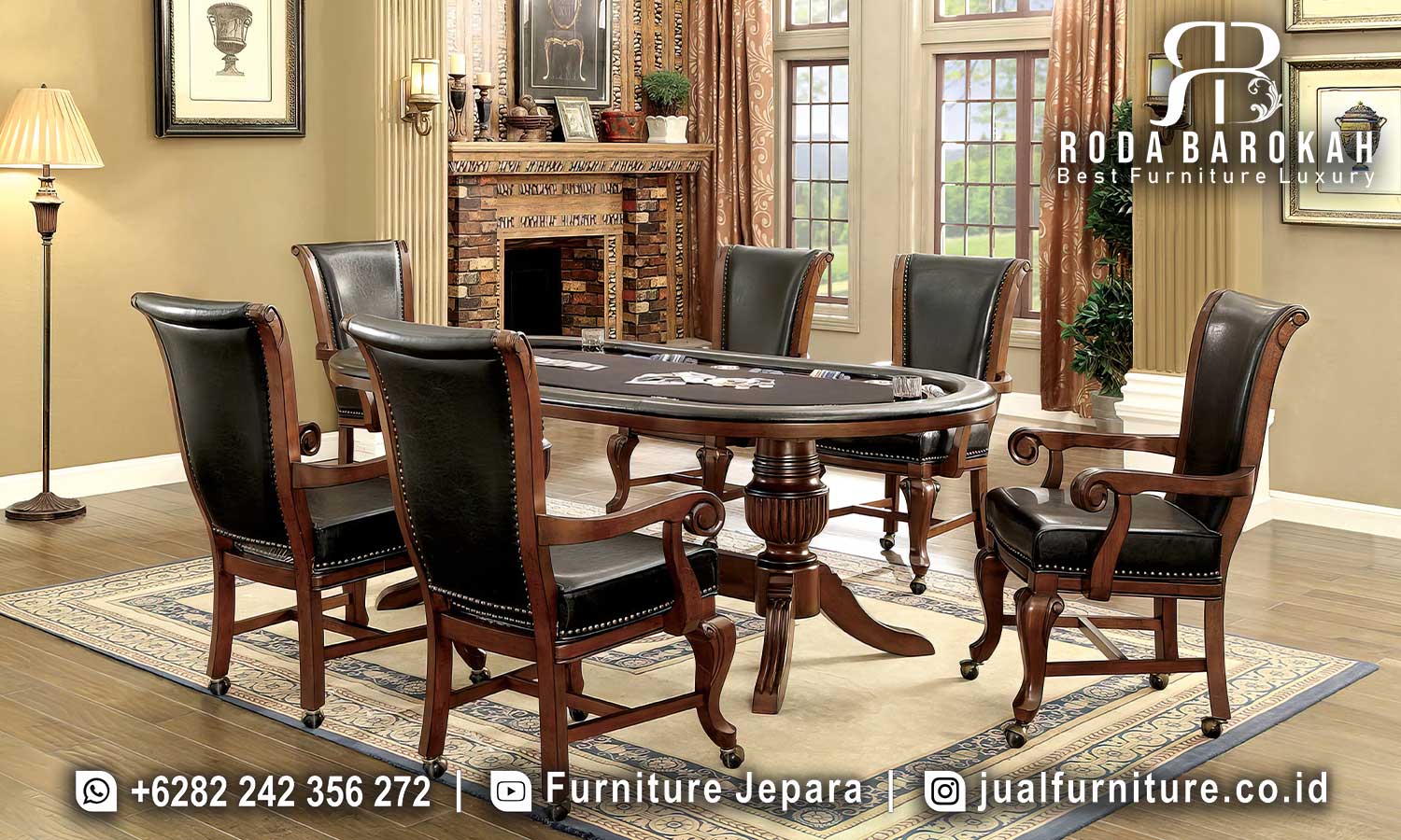 Model Meja Makan Mewah Jati Cremona Karya Jepara FS1002 hadir dengan meja putar bundar dan sandaran tinggi, cocok untuk permainan kartu dengan nuansa elegan.