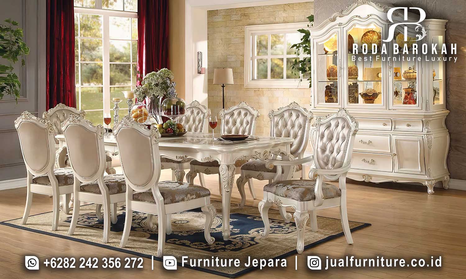 Model Meja Makan Mewah Mantova Bahan Berkualitas FS1013, terbuat dari kayu jati dengan ukiran klasik, sempurna untuk menambah nuansa elegan di ruang makan Anda.