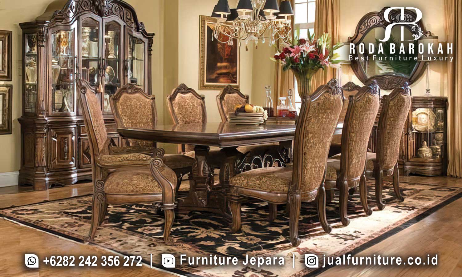 Model Meja Makan Mewah Nobile Desain Antik FS1075 hadir dengan kaki meja ukiran dan material kayu jati yang elegan, sempurna untuk nuansa klasik modern.